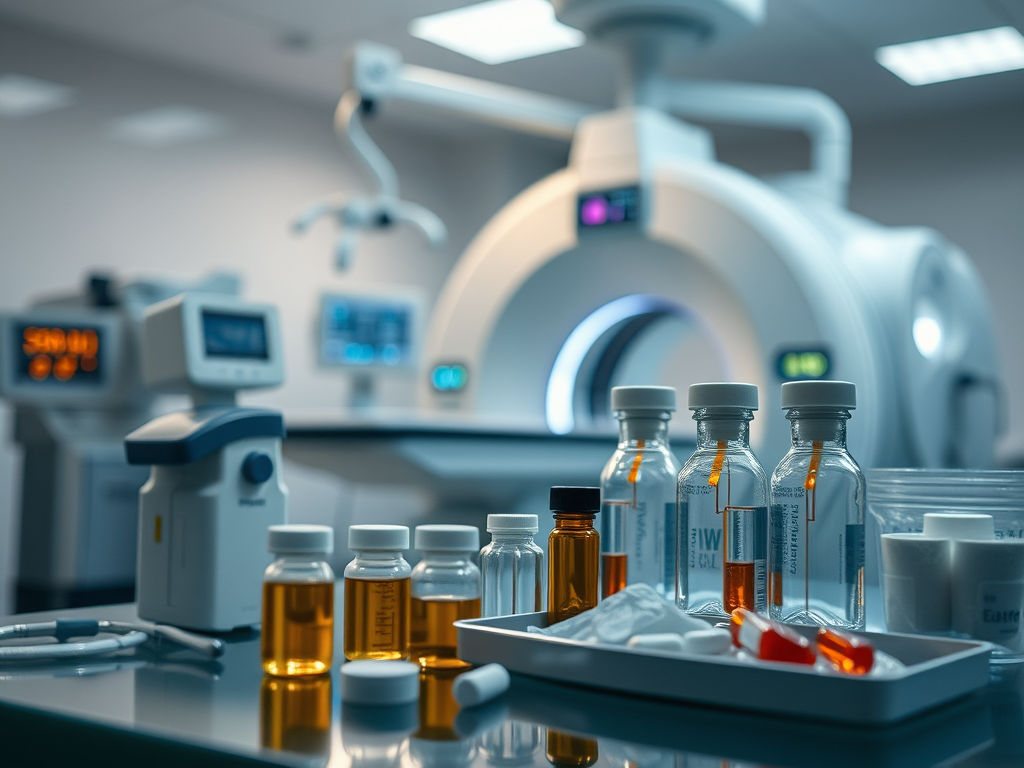 Ansicht von modernen Medizintechnikgeräten und Ampullen aus der Pharma-Branche