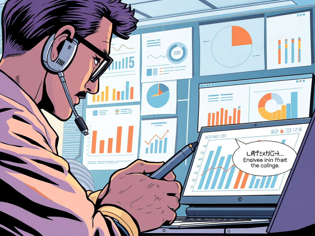 Ein Mann mit Headset der eine Analyse vornimmt auf einem Laptop