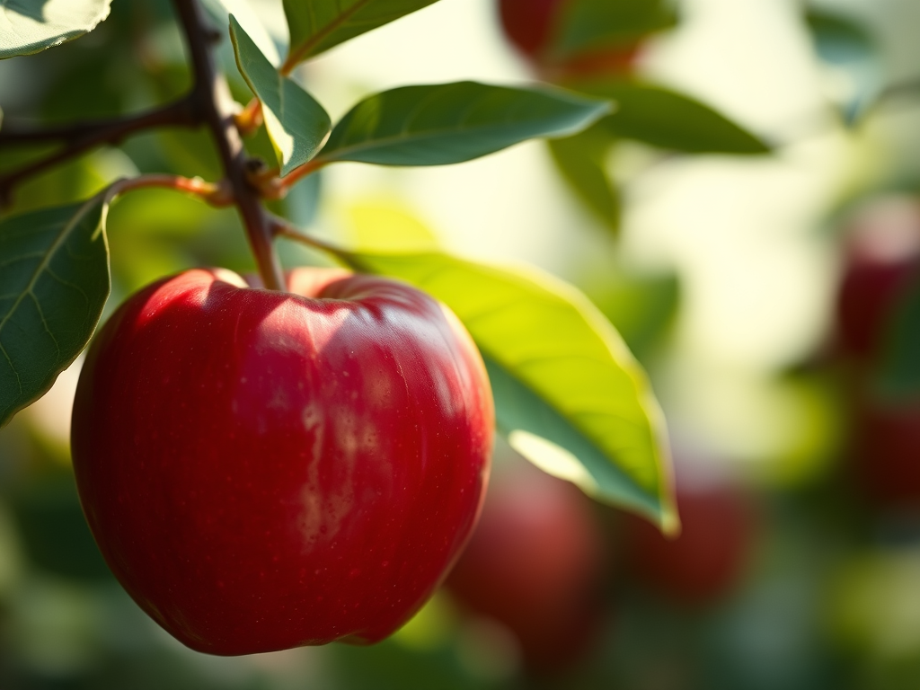 Ein hängender Apfel am Baum