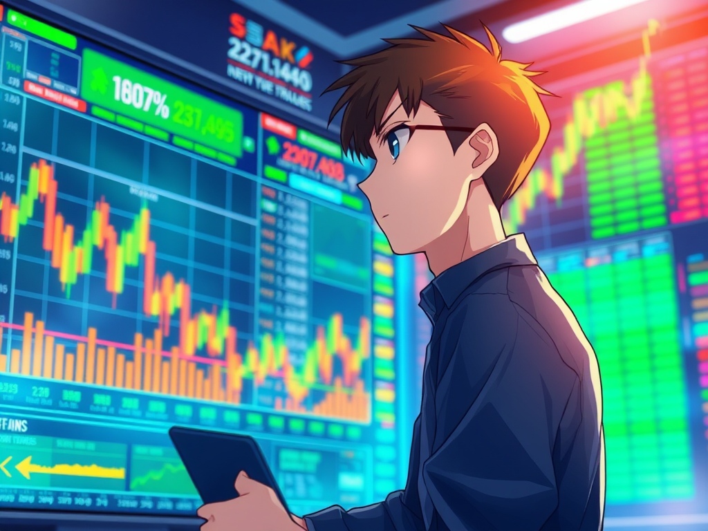 Anime guy analyzing stocks