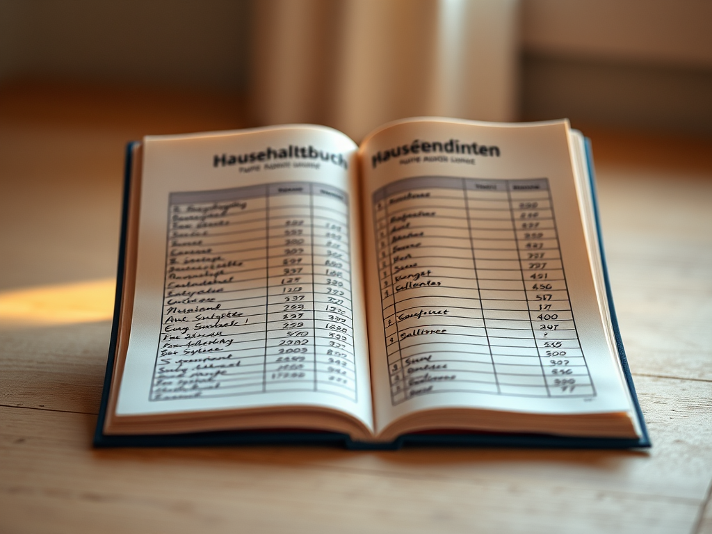 Haushaltsbuch mit klassischen Spalten und den handschriftlich geführten Ausgaben